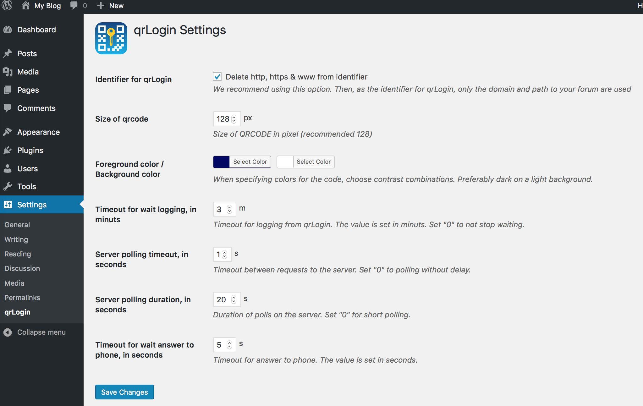 Settings of qrLogin