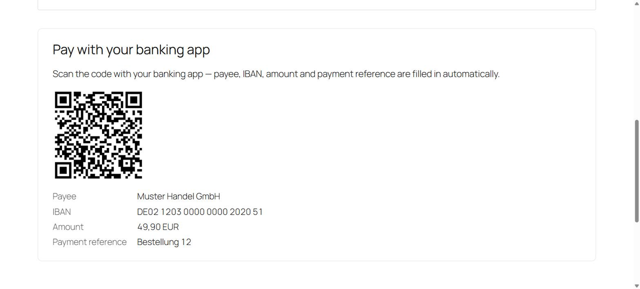 EPC payment code on an unpaid WooCommerce order: the customer scans it, payee, IBAN, amount and reference are filled in by the banking app