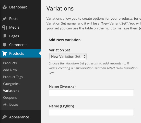 The Product Variations edit screen with qTranslate loves WPEC. In this case with both Swedish and English alternatives.