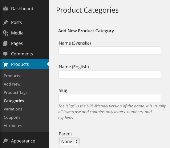 The Product Categories edit screen with qTranslate loves WPEC. In this case with both Swedish and English alternatives.