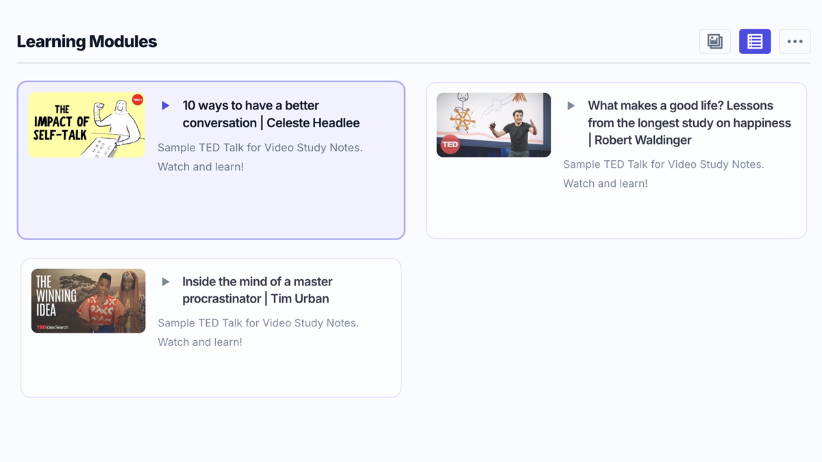 The Video Gallery layout for multiple lessons.