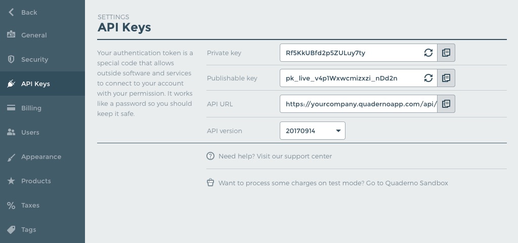 Copy your API keys from your Quaderno account