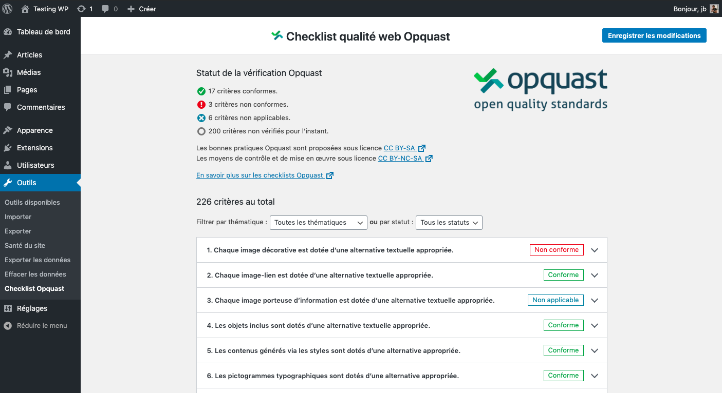 Présentation de l’écran Opquast Checklist sur votre back-office WordPress