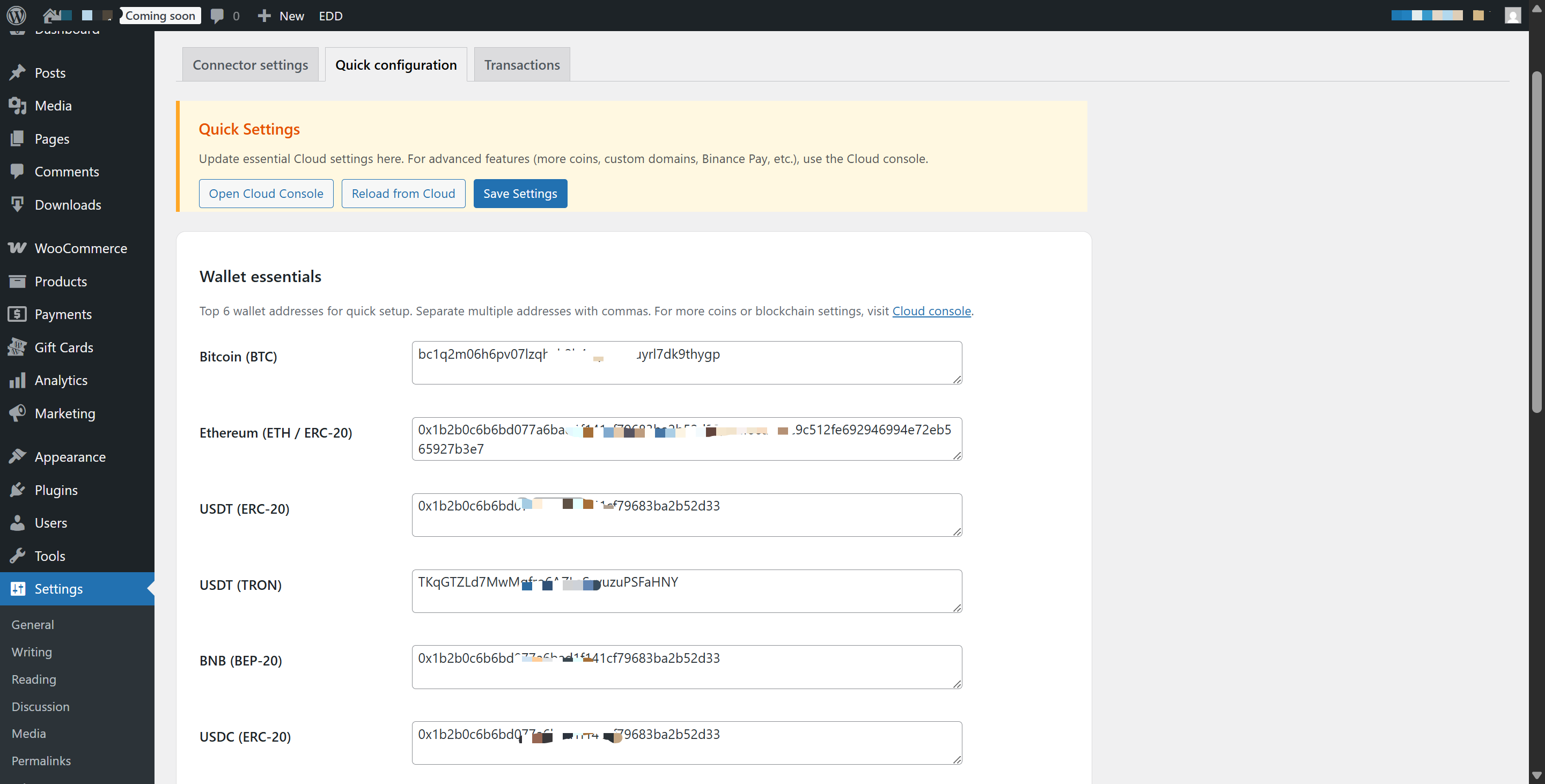 Quick configuration tab for wallet addresses, webhook redirect, and checkout copy.