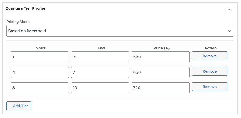 Product tiers for a variable product, per variation in the admin