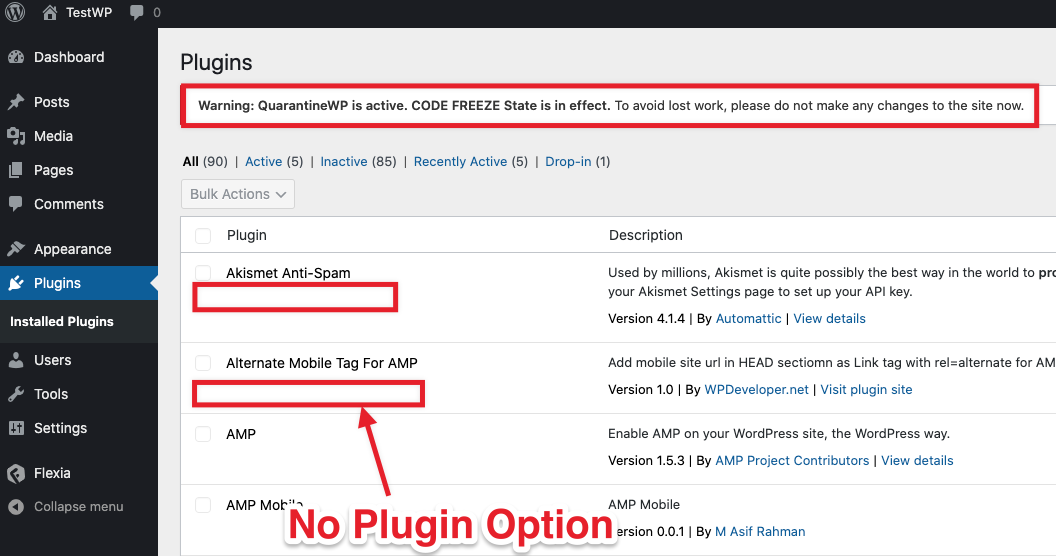QuarantineWP(Plugin) Active (Plugin Page)