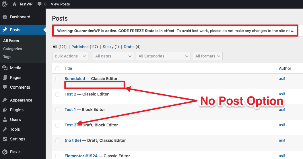 QuarantineWP(Plugin) Active (Posts Page - No Option To Post)