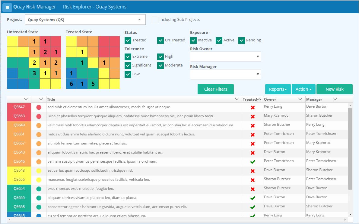 The main Risk Explorer. Use this screen to navigate the risk projects and and select the risk to view/edit