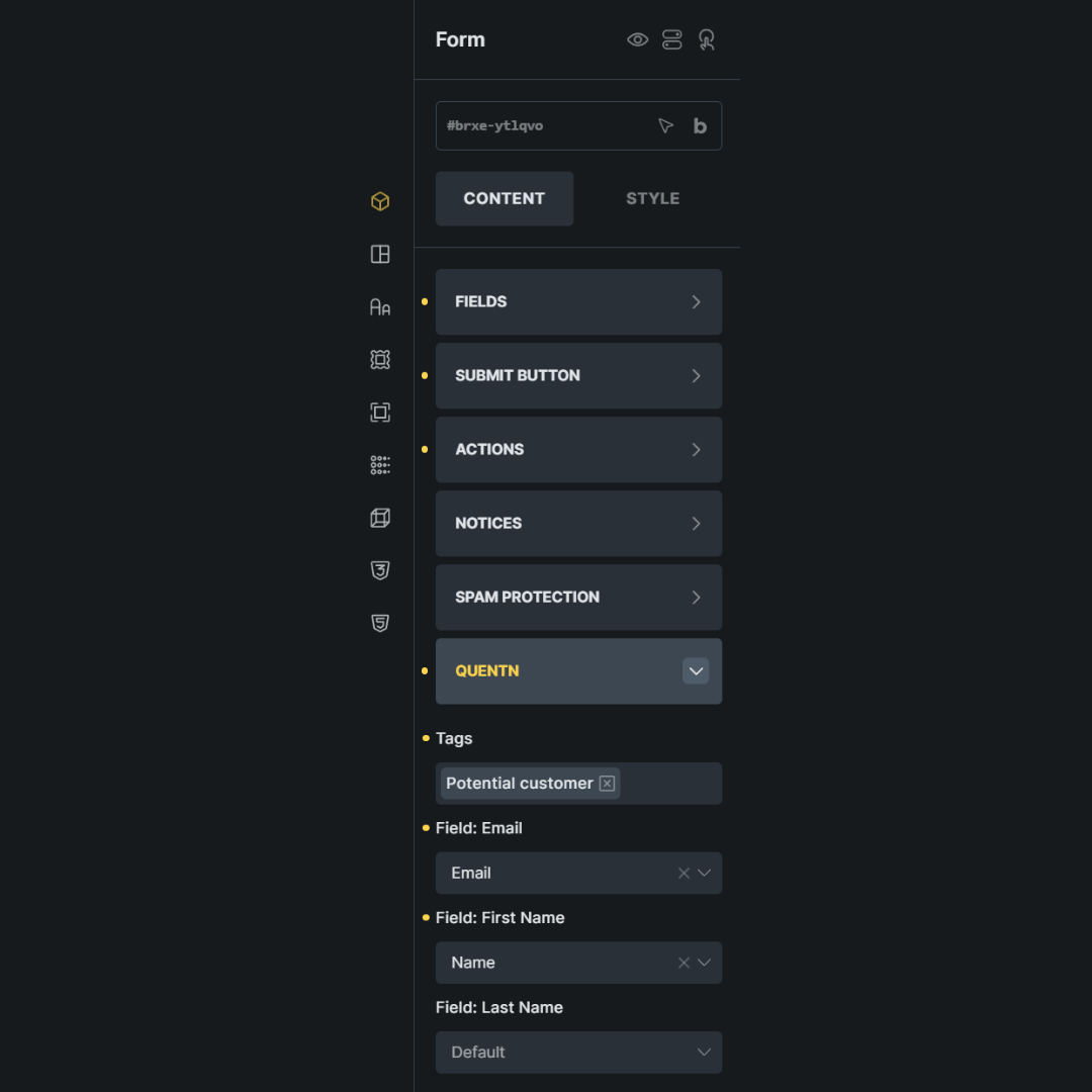Assign the tags and fields to be sent to Quentn.