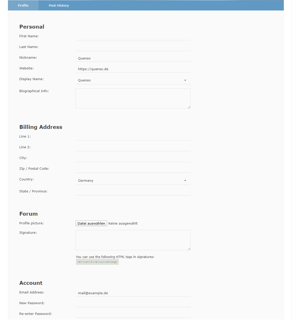 Edit profile form with custom avatar upload
