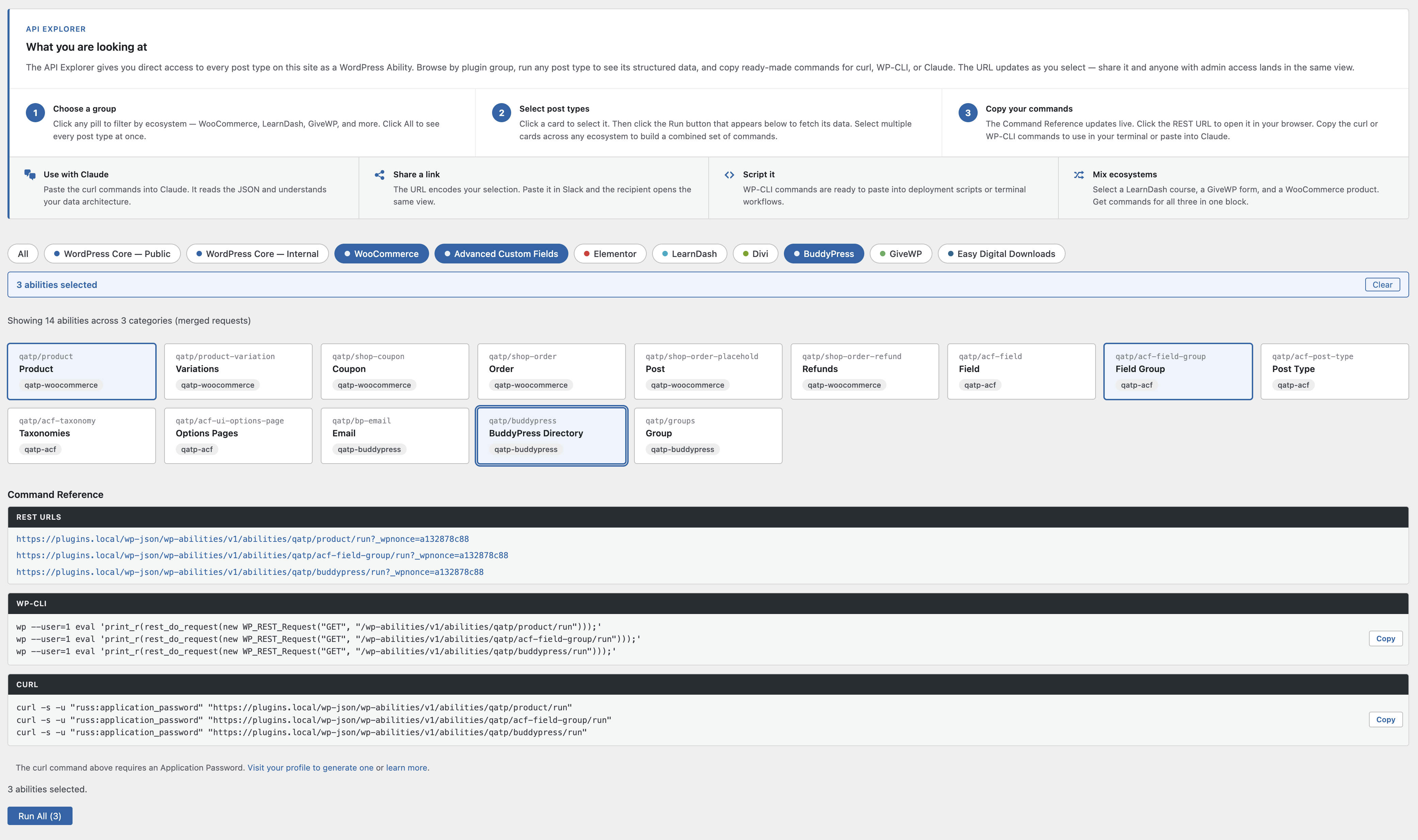 API Explorer with multiple abilities selected and Command Reference populated