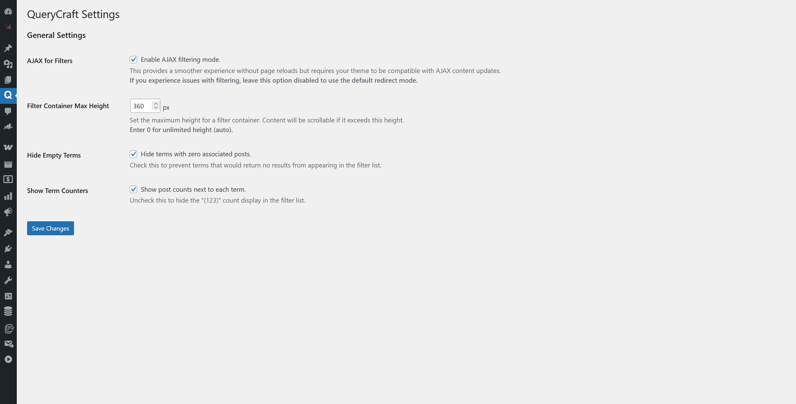 The global "Settings" page with all the customization options.