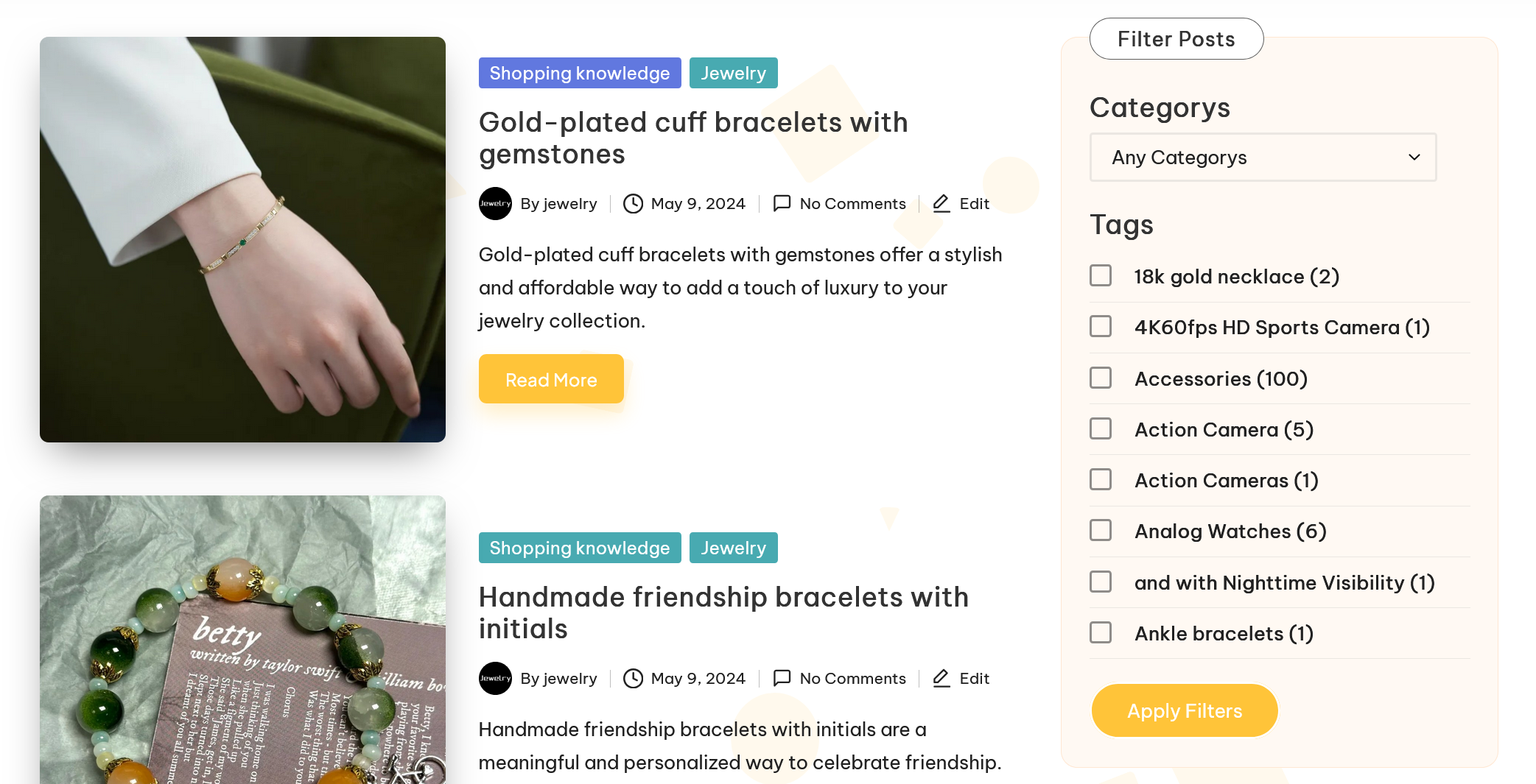 The filter widget displayed on a theme's archive page.