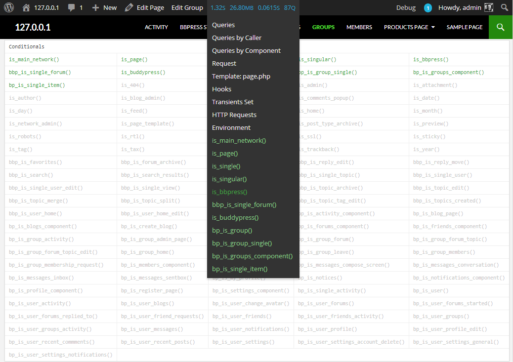 A list of the bbPress & BuddyPress Conditionals in Query Monitor