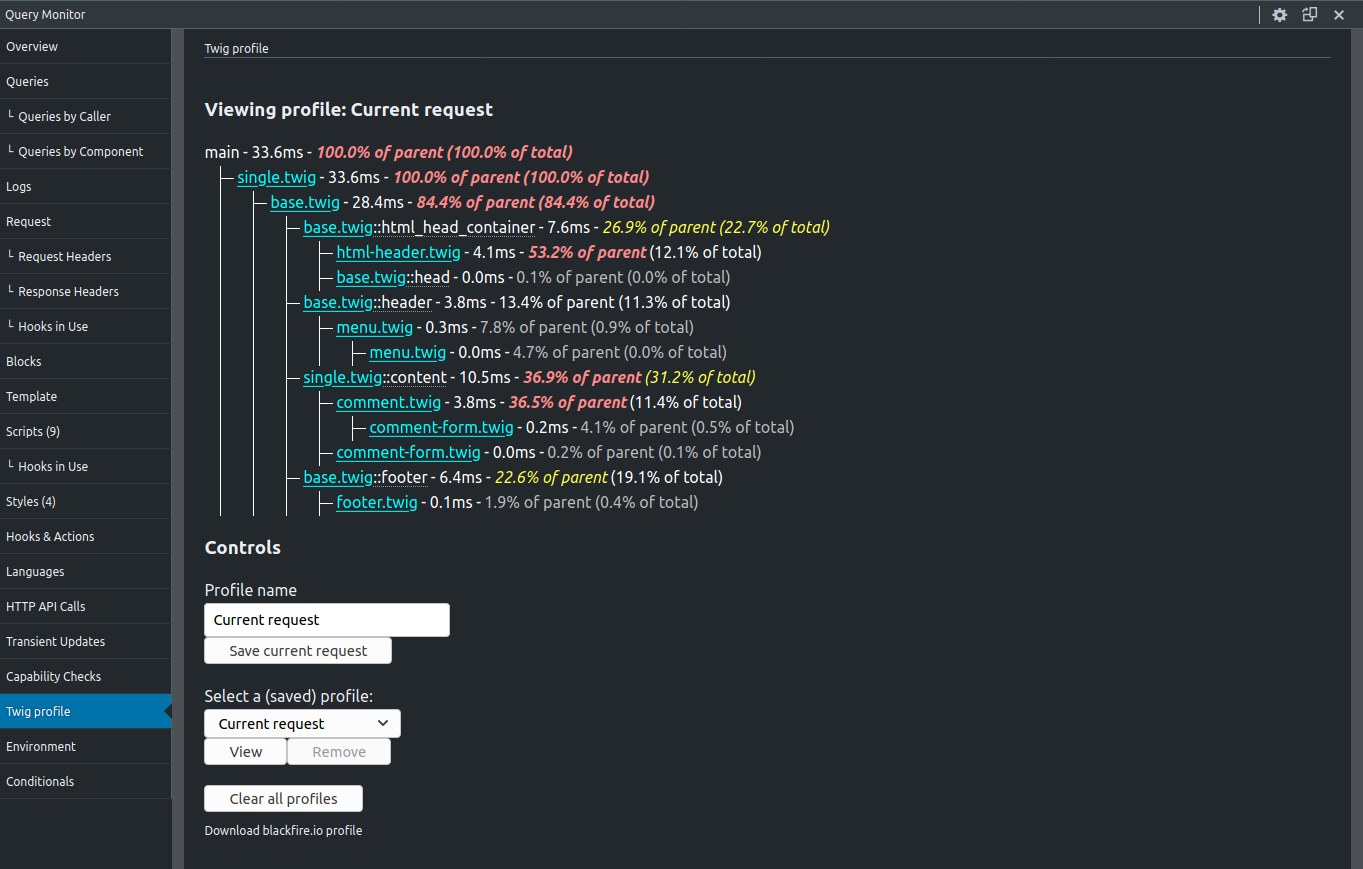 The Twig profile tab in Query Monitor (dark mode)