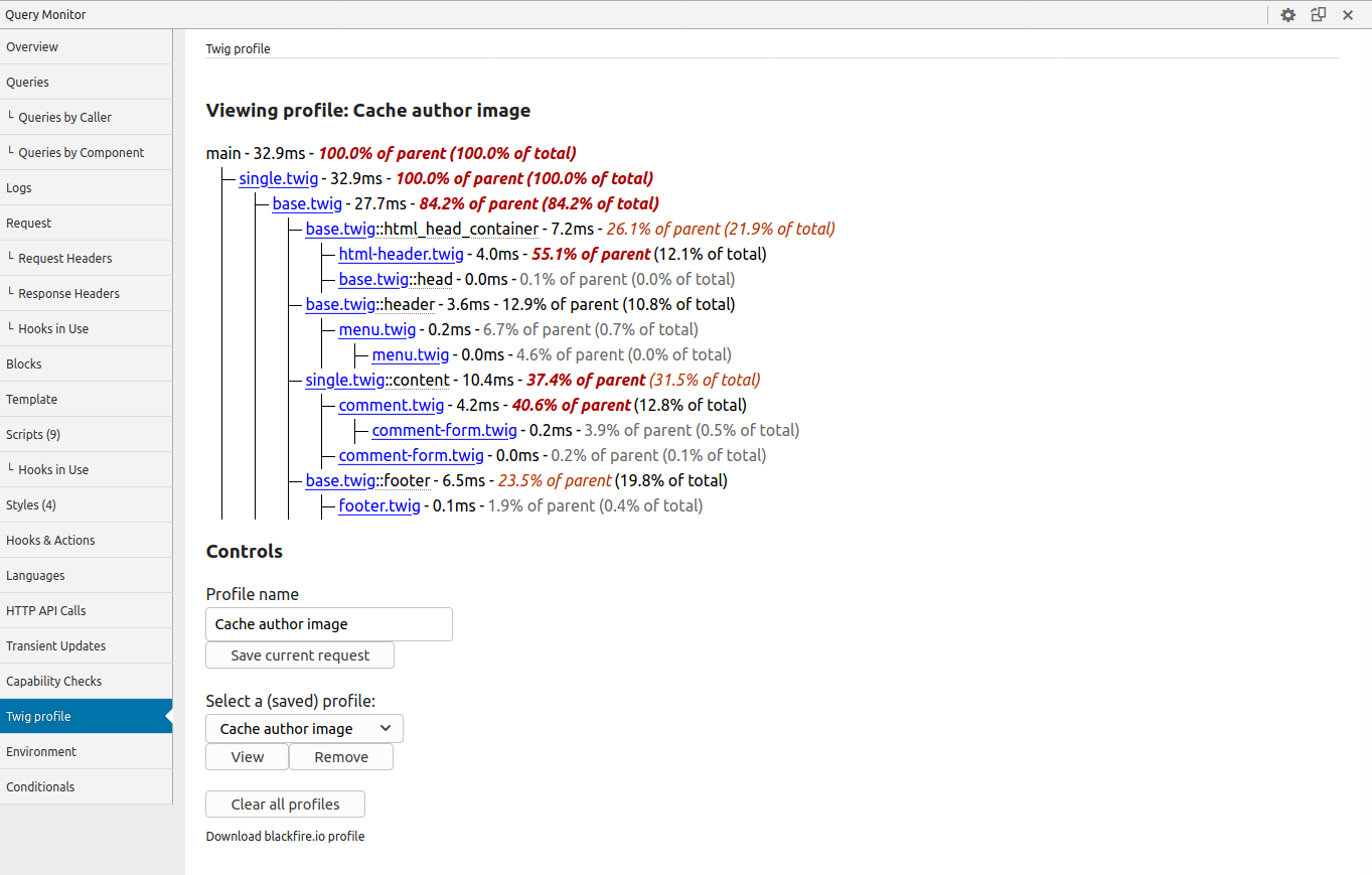 The Twig profile tab in Query Monitor (light mode)