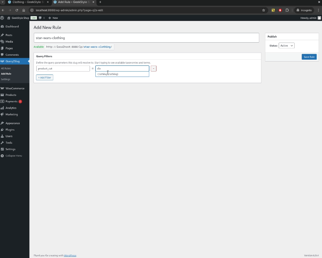 Rule editor with slug preview and filter autocomplete