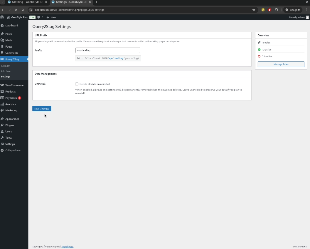 Settings page with URL prefix configuration and overview widget