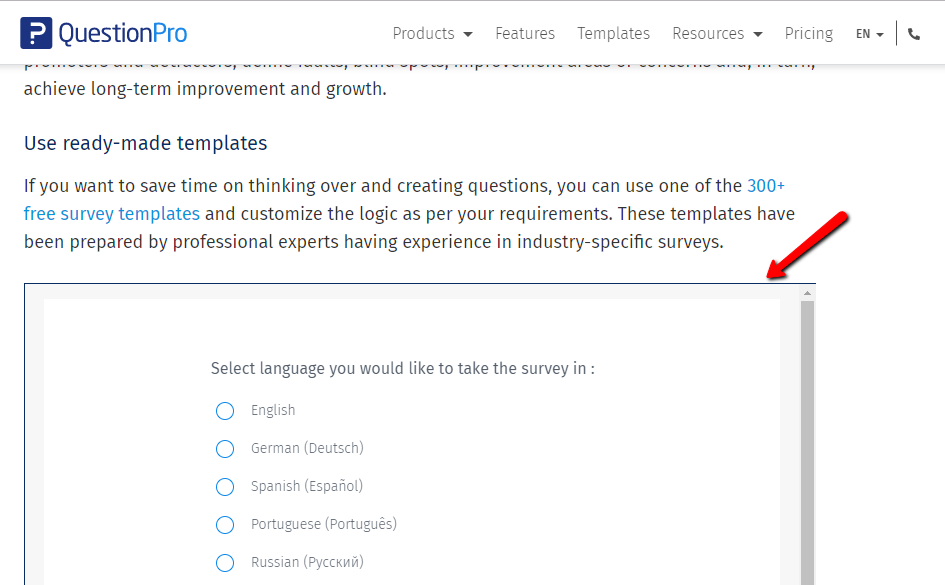 Sample survey template embedded in blog content.