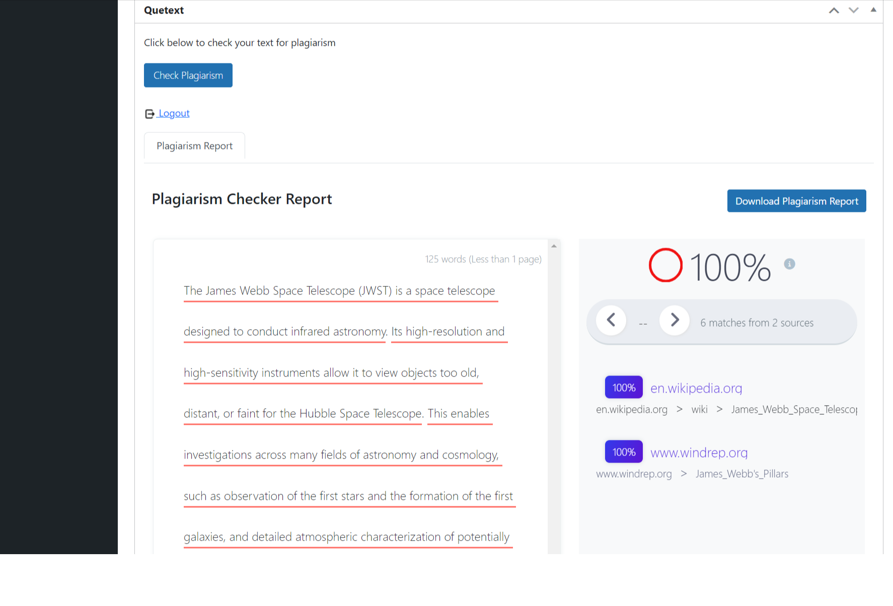 Reports page with plagiarism matches