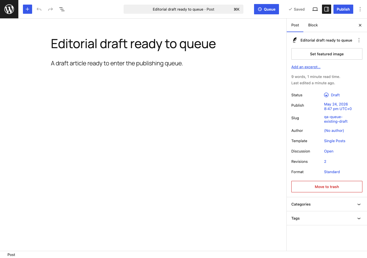 Queue button in the block editor toolbar.