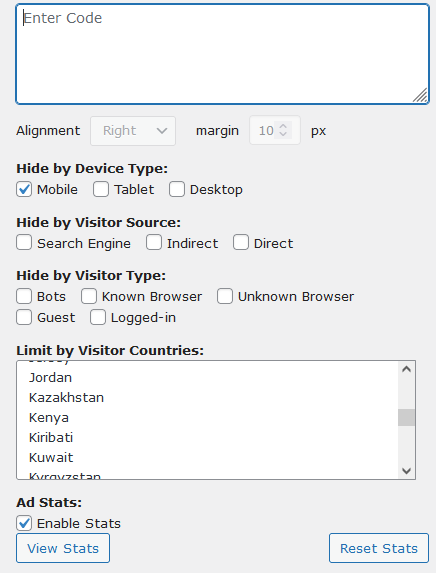 The Settings page from Quick Adsense plugin. There are many ways to configure your Ads display, specifically or randomly as you wish.