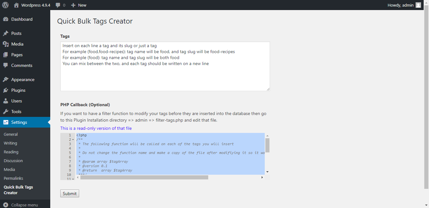 Settings page