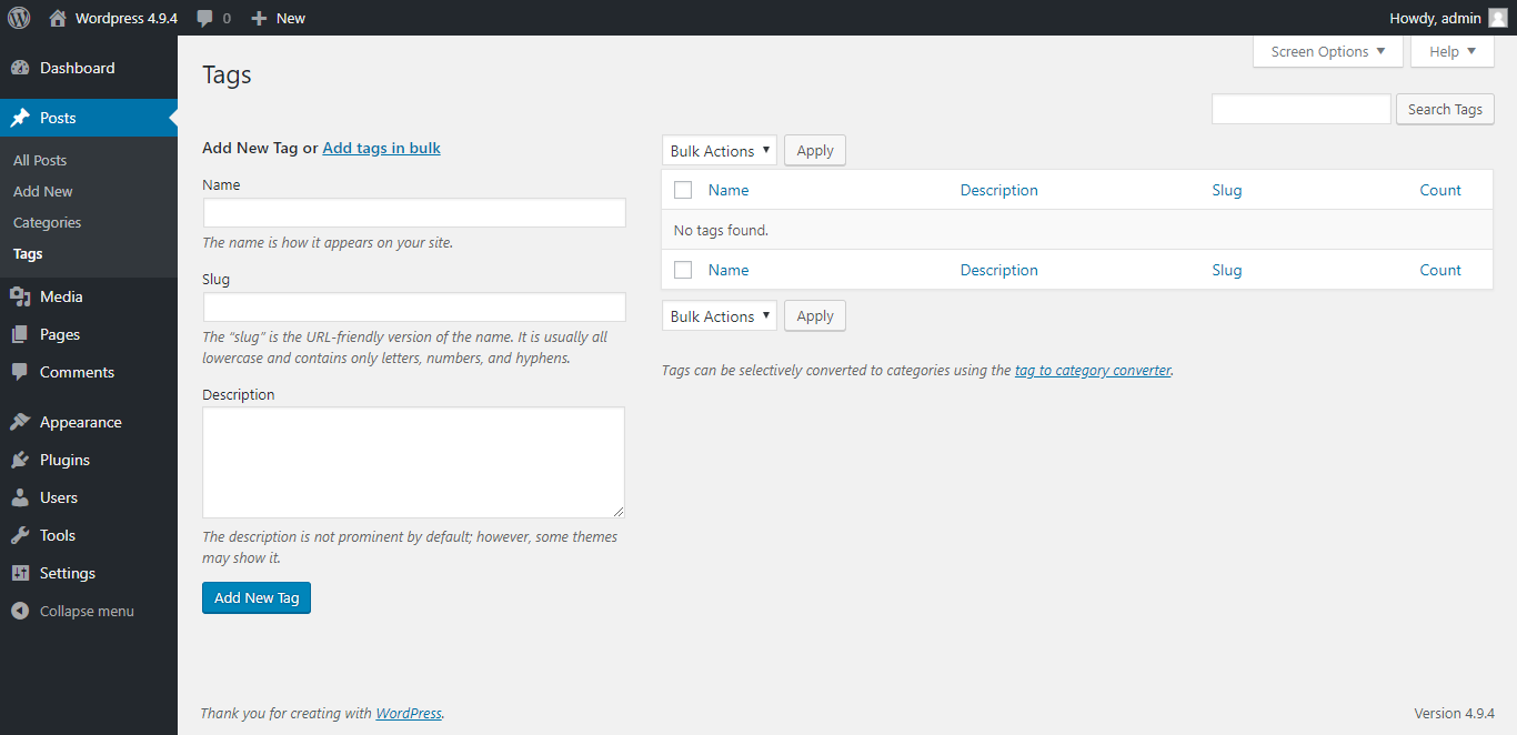 Edit tags page