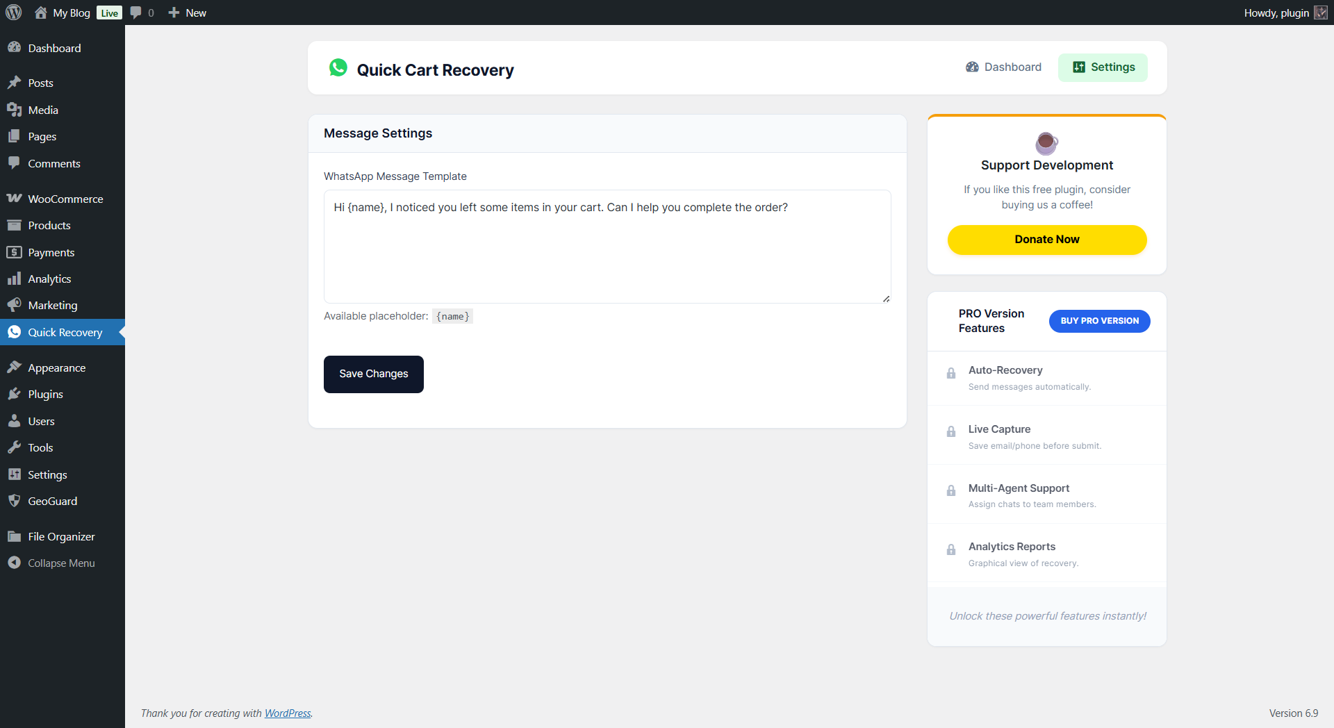 **Settings:** Customize your WhatsApp recovery message template.