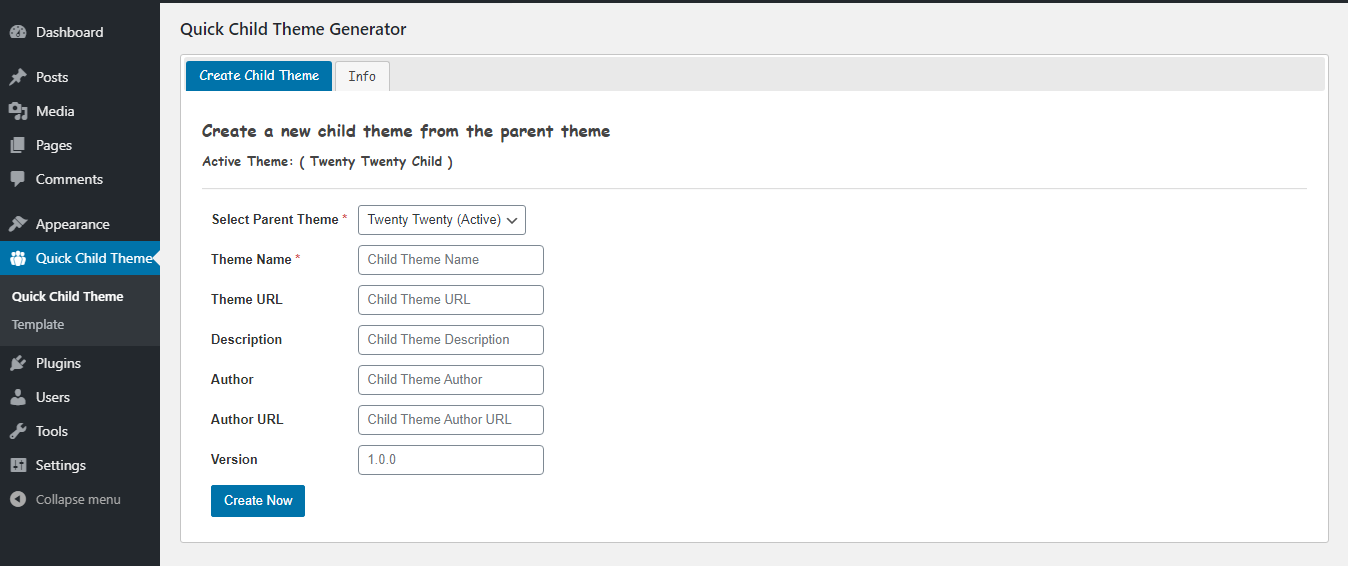 Select a parent theme from the drop-down list and fill the fields. Then click on the Create Now button.