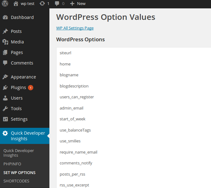 The WordPress options page.