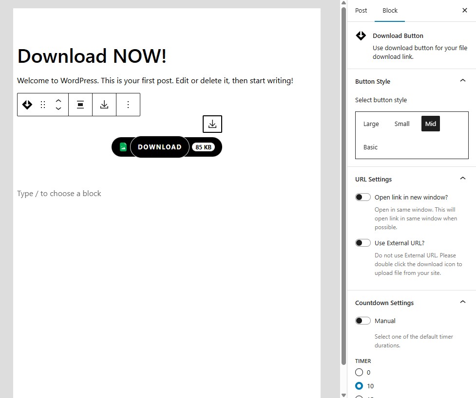 Gutenberg block settings panel — Countdown & Popup section.