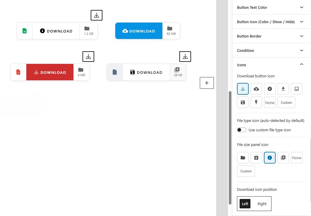 Gutenberg block settings panel — Button Icon and colours section.