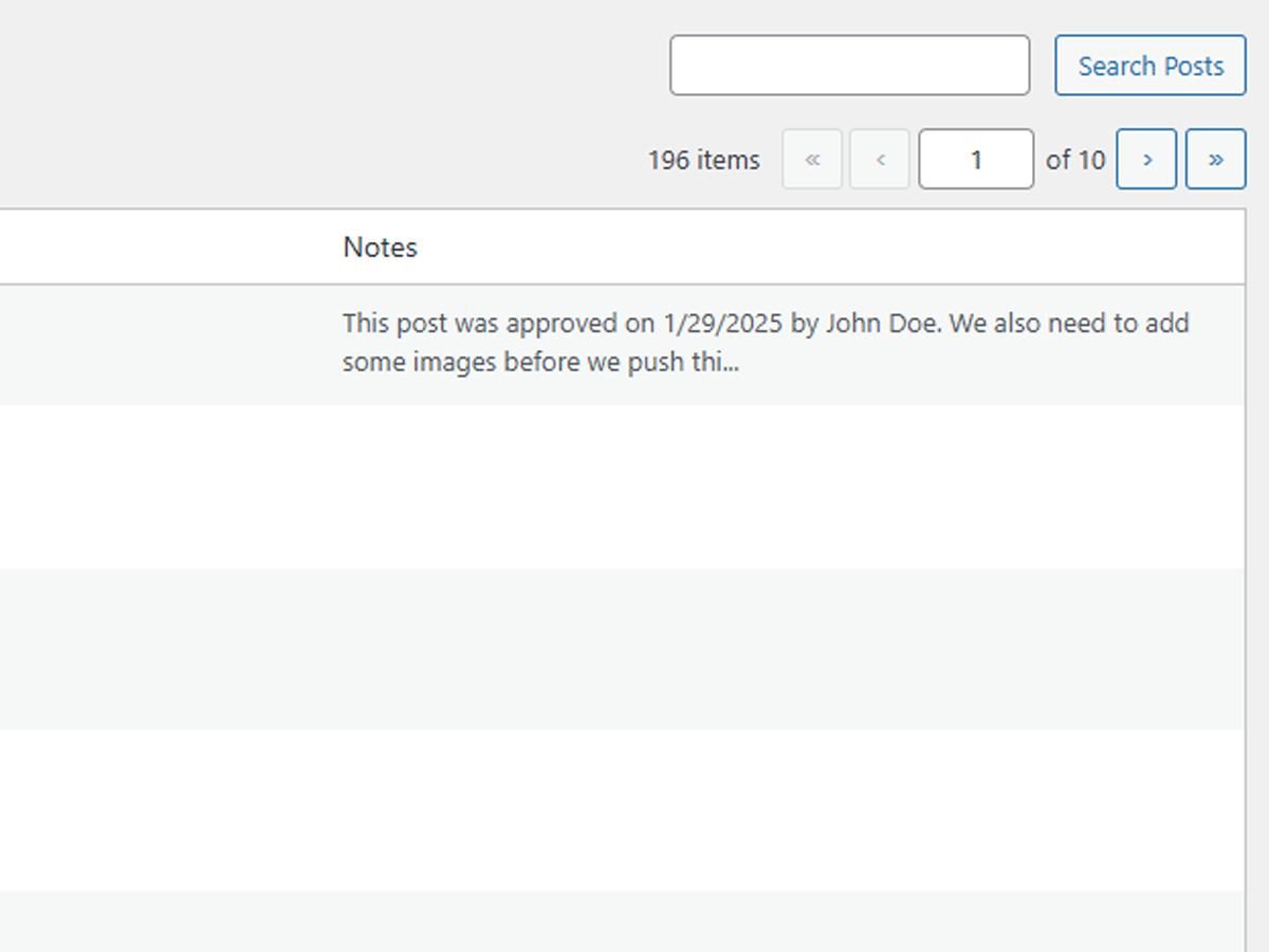 Notes field displayed in the post admin list table for quick reference