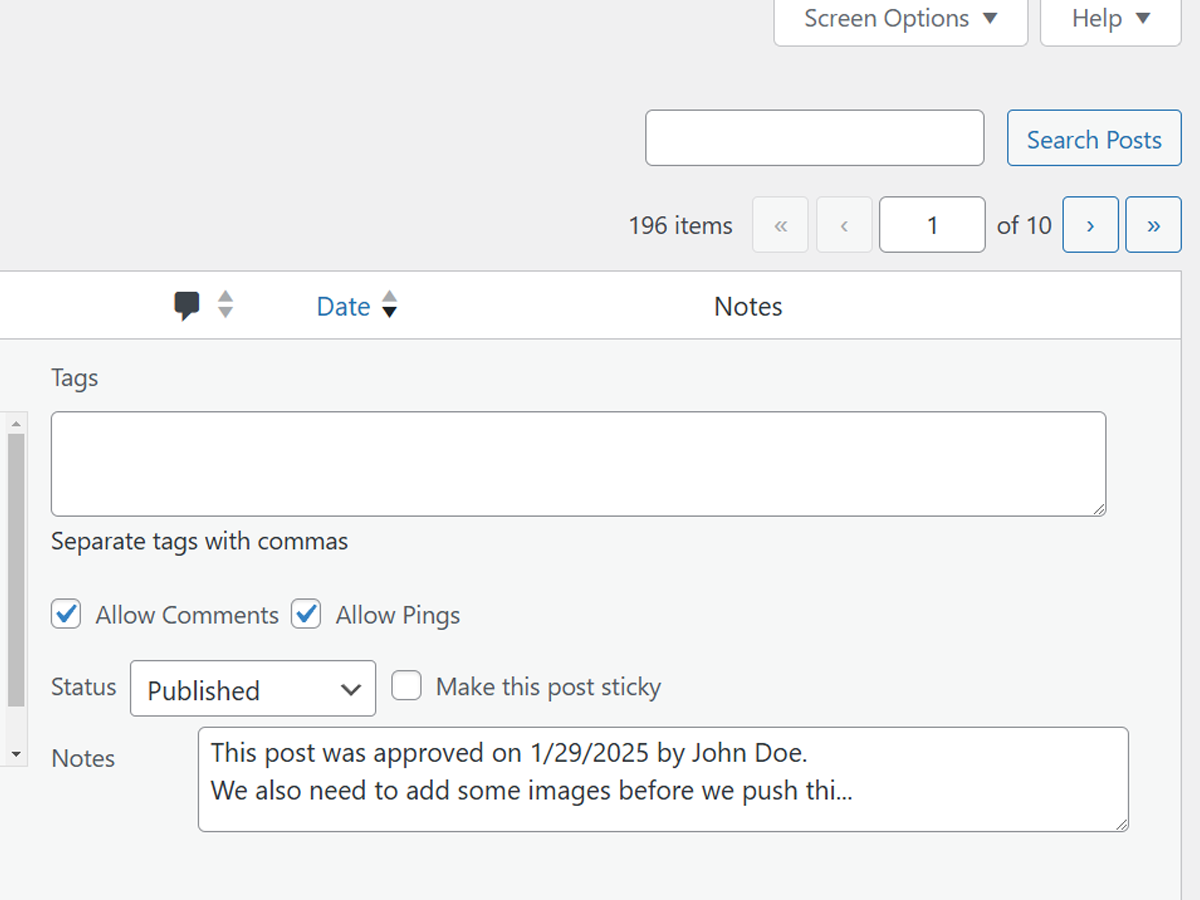 Quick Edit mode showing the editable notes field for rapid updates