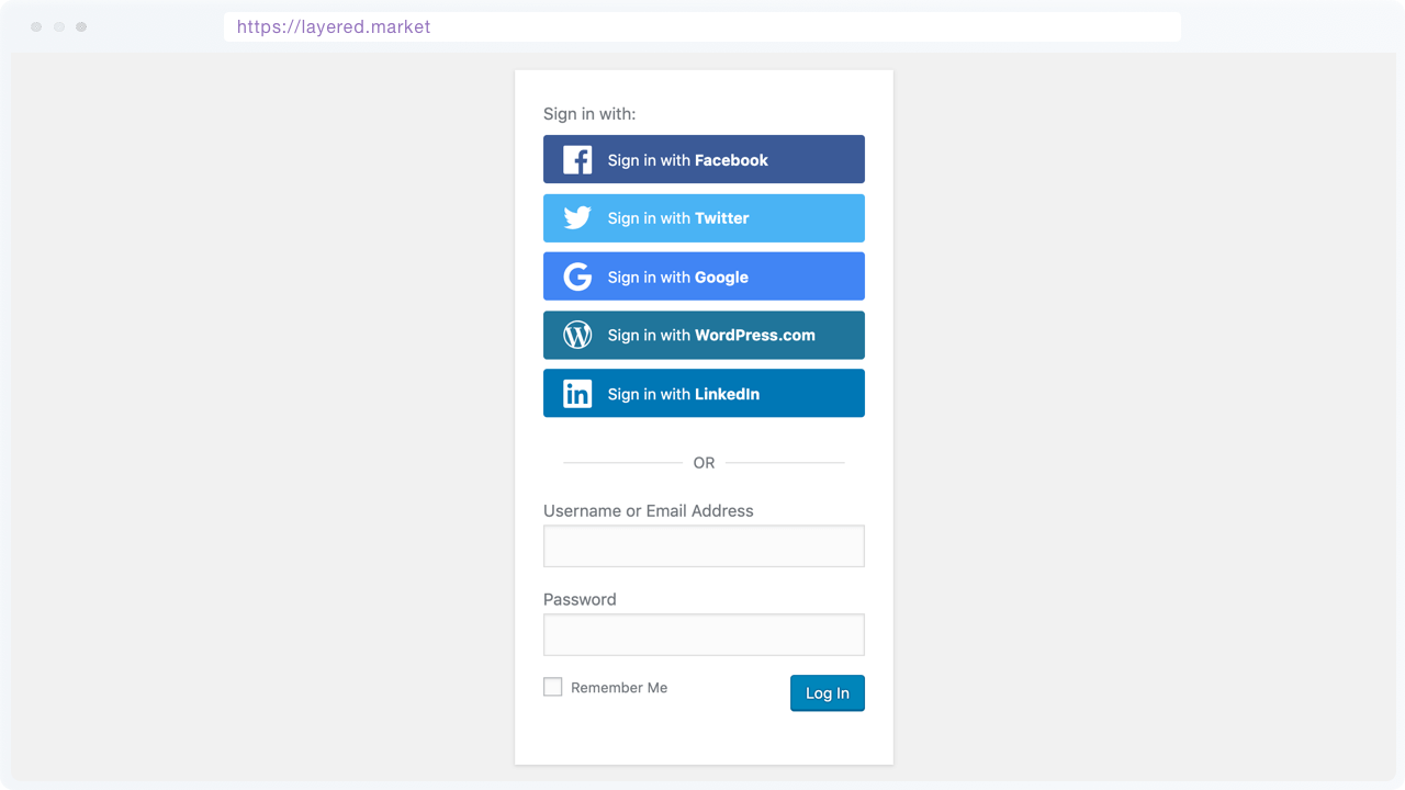 Login form with Quick Social Login buttons