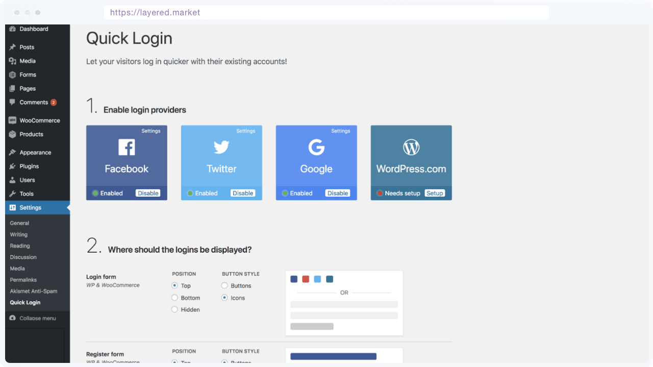 Main settings page: Set-up and enable providers, control style & placement