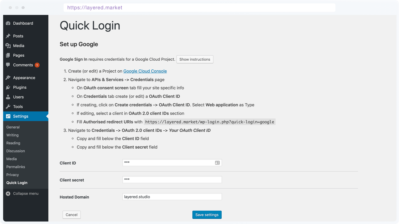 Provider set-up page, with detailed instructions