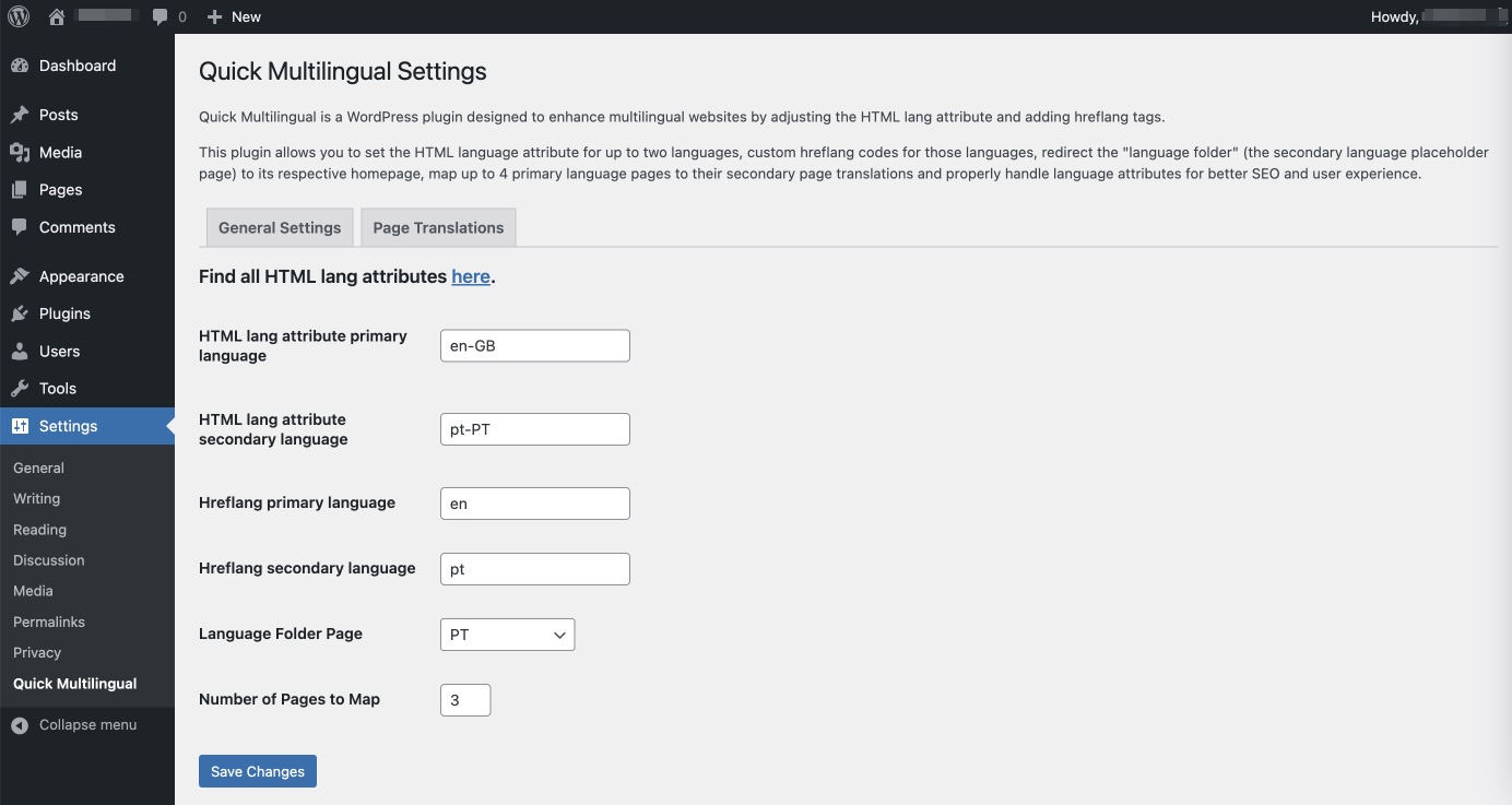 **Settings Page:** Configure primary and secondary languages, hreflang codes, and homepage.
