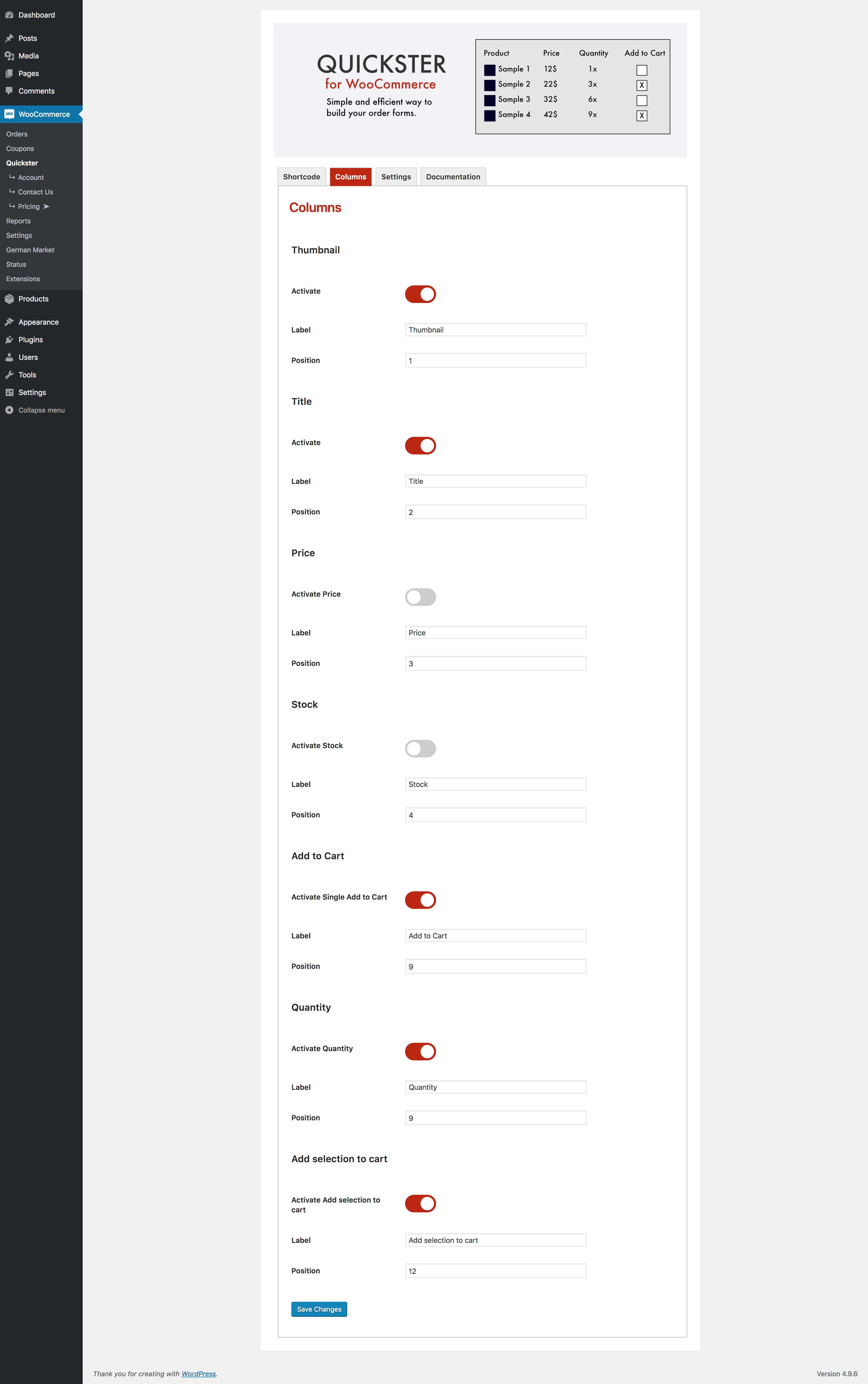 the columns settings