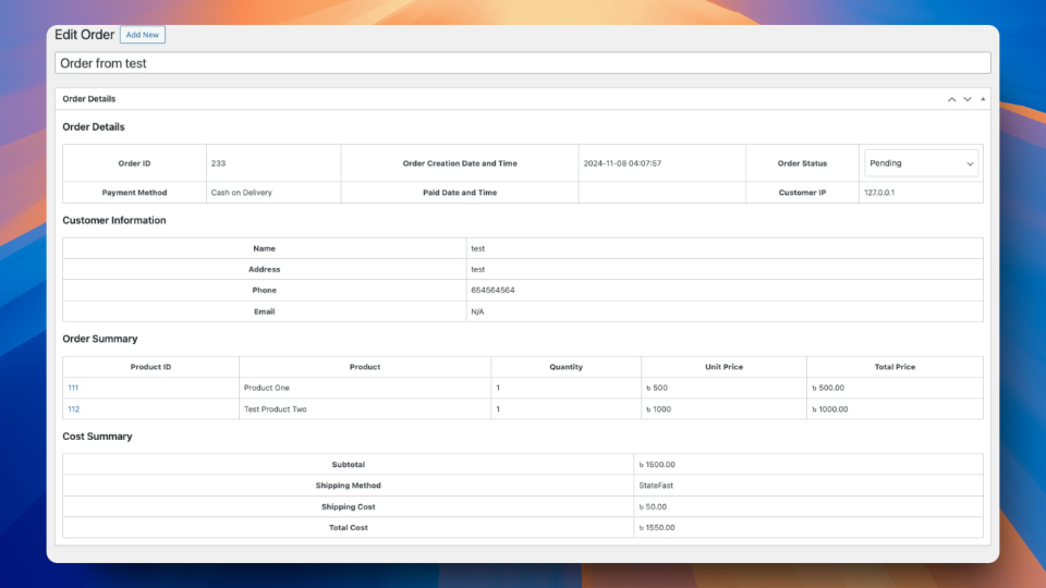 Admin dashboard for managing products.