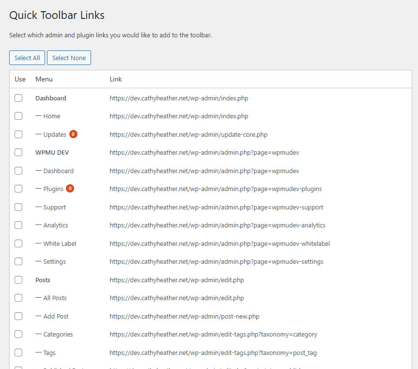 Screen shot of the options page for adding existing admin and plugin links.