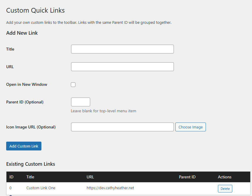 Screen shot of the options page for adding custom links.