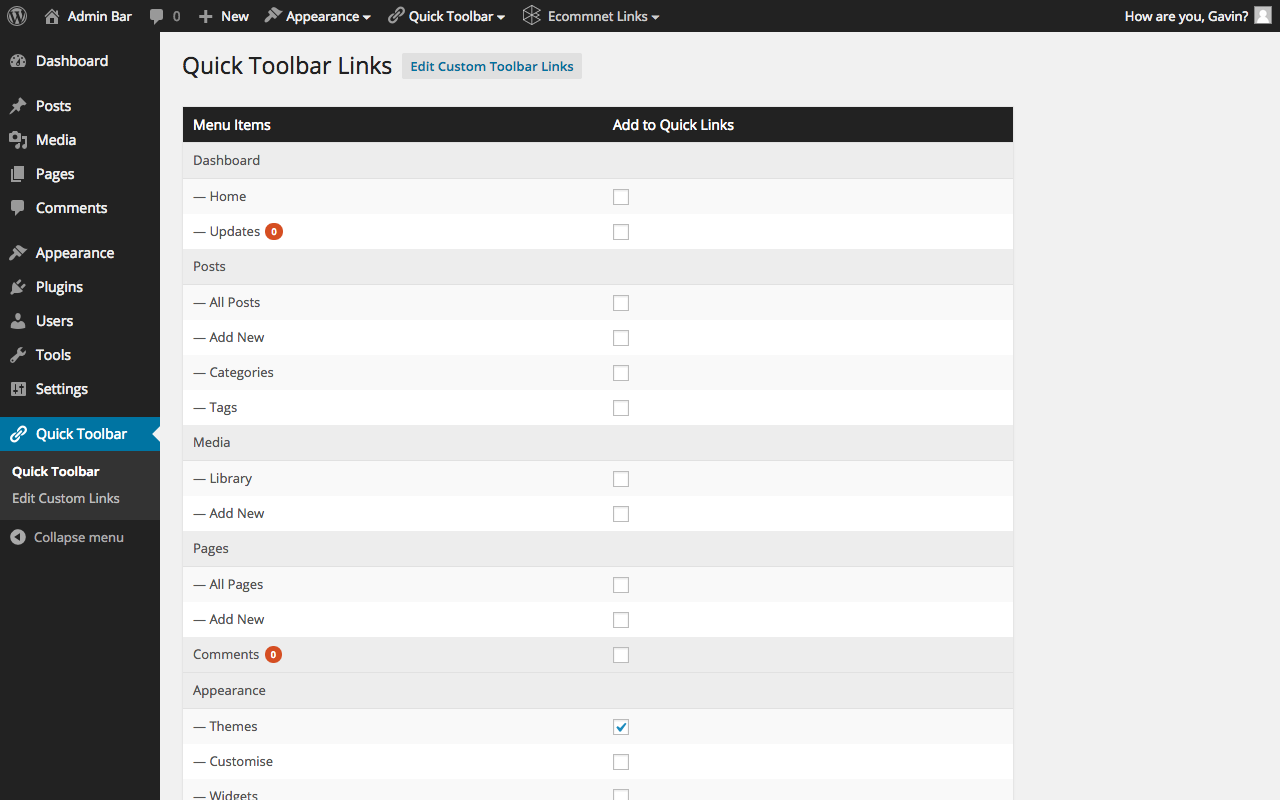 Screen shot of the options page for adding existing admin and plugin links.