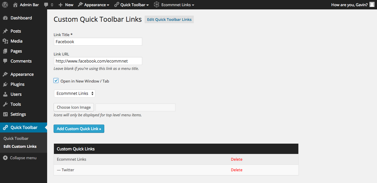Screen shot of the options page for adding custom links.