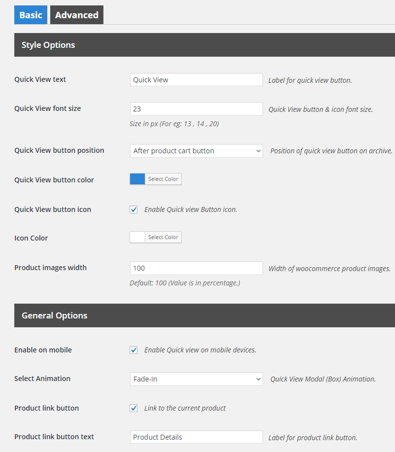 The quick view admin settings page.