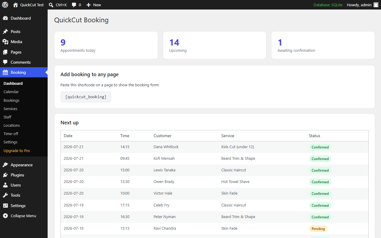 Admin dashboard with today's appointments.