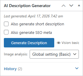Product editor sidebar with the "Generate Description" button.