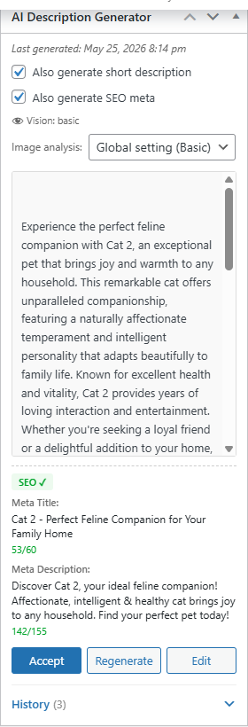 Generated description preview with Accept, Regenerate, and Edit actions.