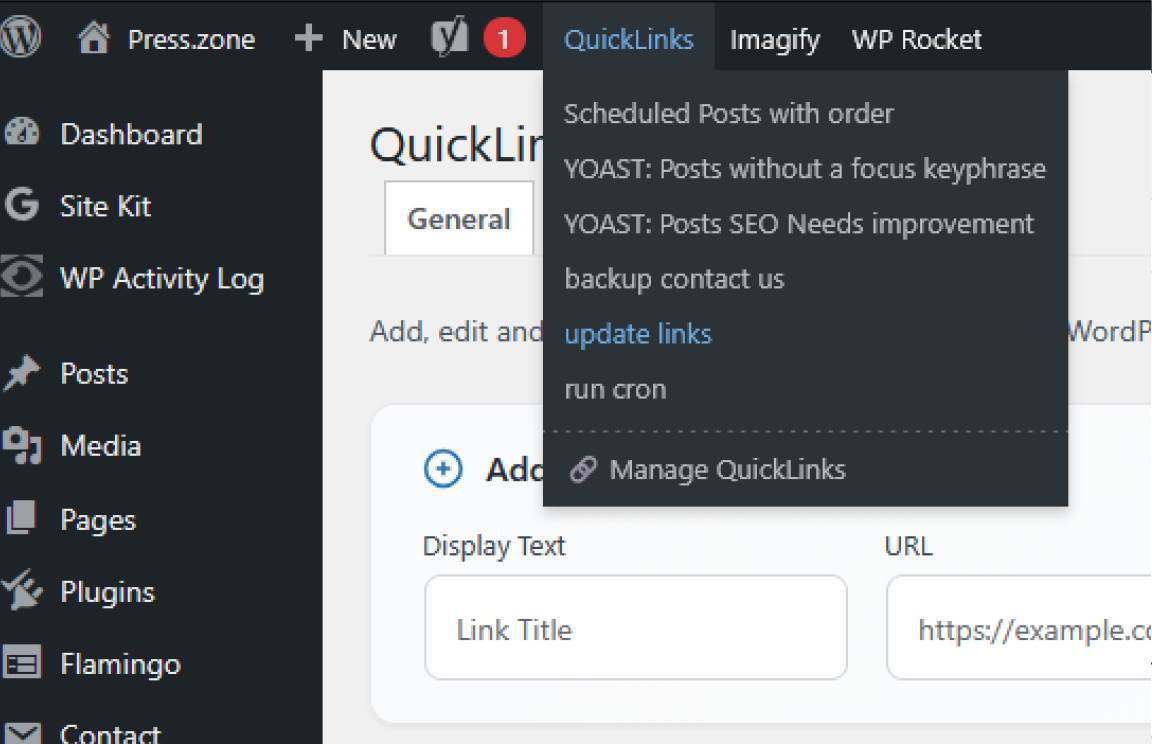 Admin bar integration with the new 'Manage QuickLinks' link.